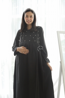 Mutiara Gamis Ibu Hamil Menyusui Muslim Manik Dada - GMS 262 Hitam